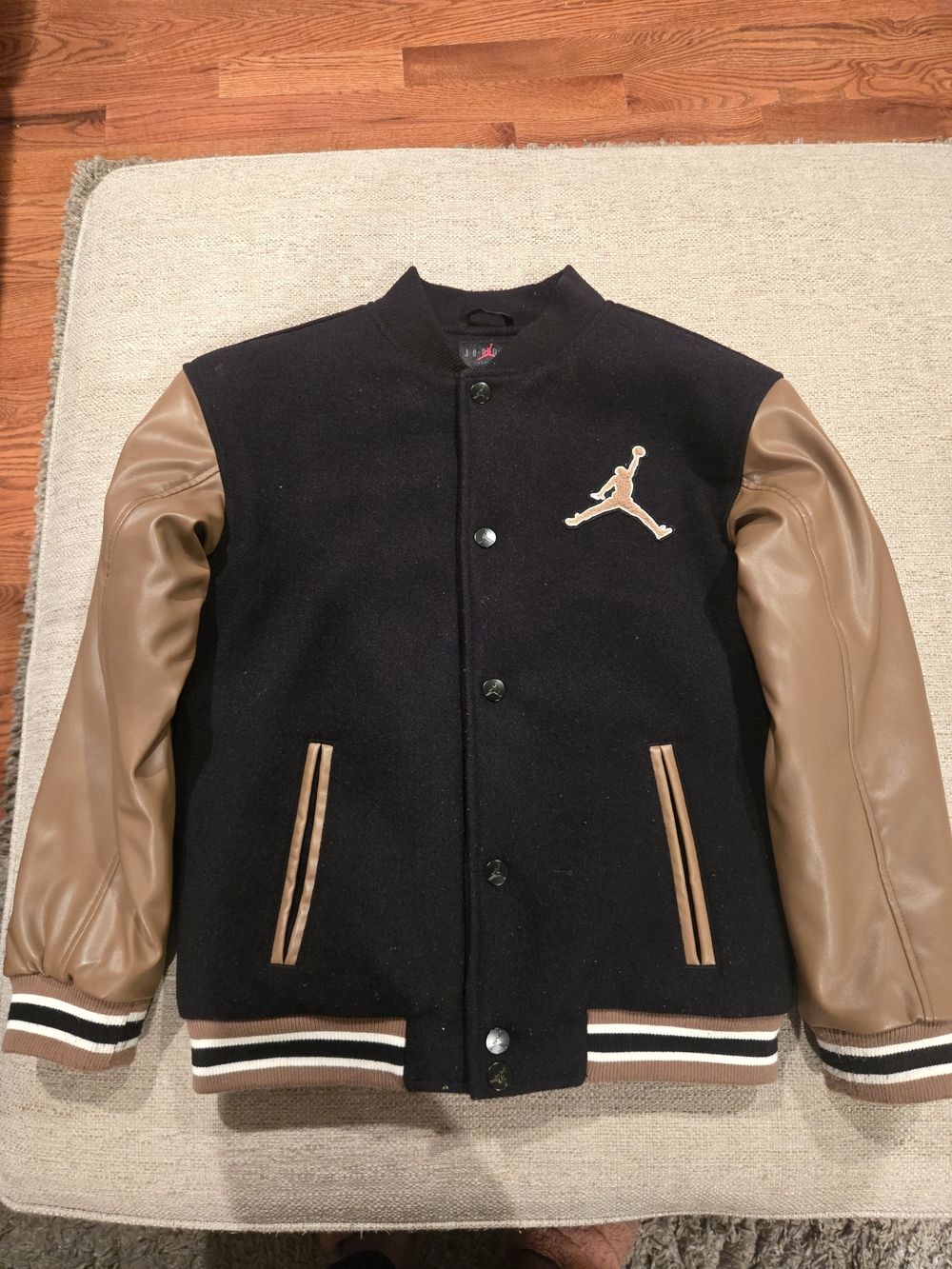 Jordan Black Wool Body with Brown Leather-Look Sleeve Varsity Jacket